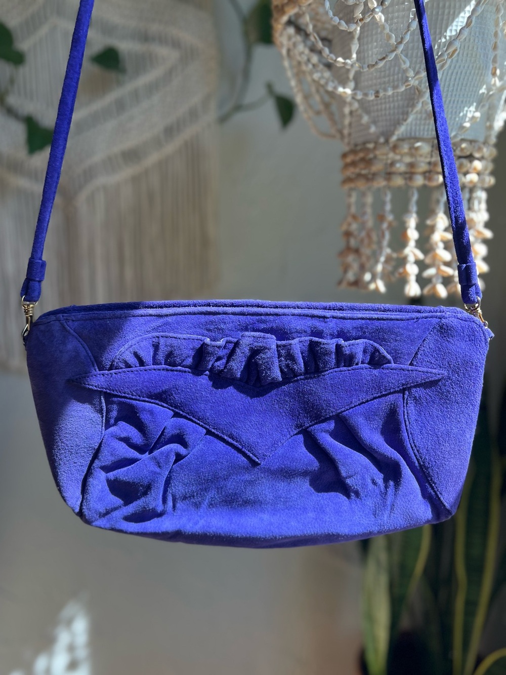 Vintage 80s Cobalt Blue Genuine Suede Leather Ruffle Crossbody Bag